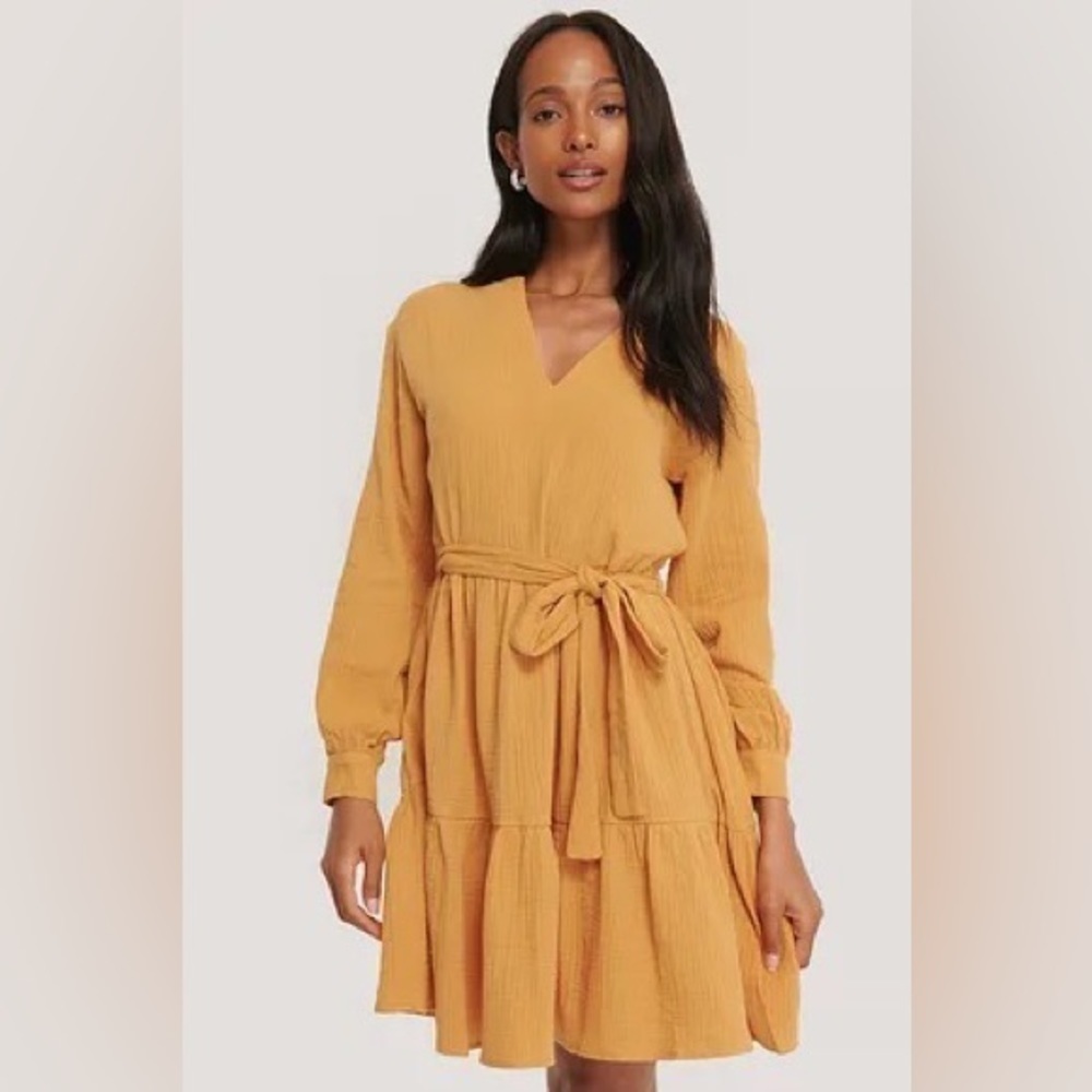 NA-KD V-Neck Dress, Mustard Yellow, Size 8